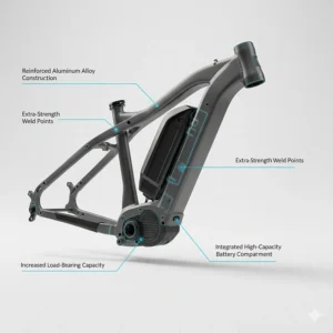 An illustration highlighting the durable, heavy-duty frame construction of a high-capacity electric bike.