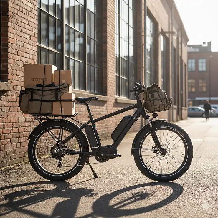 A fully loaded heavy duty electric cargo bike with dual batteries parked outside a city warehouse. electric bike heavy duty