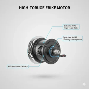 Diagram showing a high-torque 750W BAFANG motor, ideal for electric bikes for heavy riders needing extra power on hills.