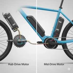 A visual comparison illustrating the difference between hub-drive and mid-drive motors on an electric bike.