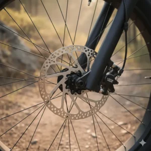 Detailed view of hydraulic disc brakes with a 4-piston caliper, providing strong stopping power for an ebike for heavy riders.