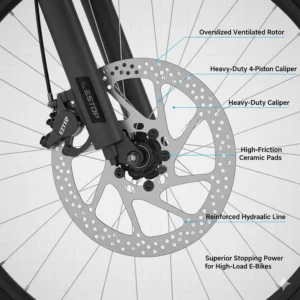 Detailed shot of oversized hydraulic disc brakes, ensuring reliable stopping power on a high-weight capacity ebike.