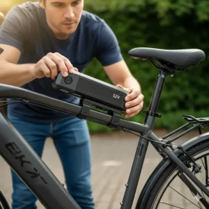 A user is shown securely installing a new 52V electric bike battery onto the frame of their e-bike.