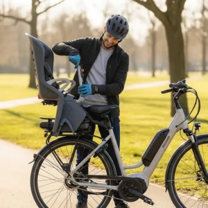 A person demonstrating how to easily install a kid seat onto an electric bike frame.