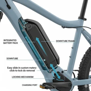 A diagram illustrating how a fully integrated battery fits seamlessly into the downtube of an electric bike frame for a clean look and better weight distribution.