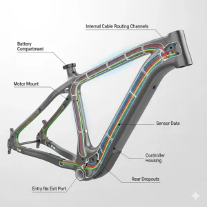 An illustration highlighting the internal cable routing channels on an electric bike frame kit, which protects wires and gives the bike a professional, streamlined appearance.
