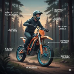 A child safely riding a small-sized electric dirt bike, demonstrating the availability of different models for various age groups and skill levels.