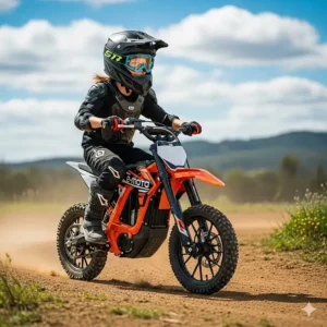 A young rider on a smaller, beginner-friendly electric dirt bike, highlighting the availability of models for all ages and skill levels.
