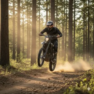 A rider demonstrates the agility and lightweight handling of a top electric dirt bike for adults mid-air.