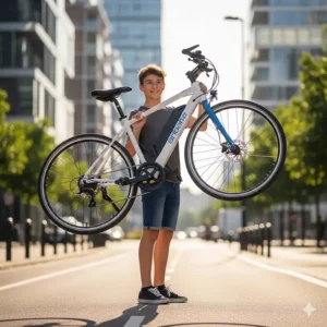 A teenager easily lifting a lightweight electric bike, emphasizing the ease of handling and portability for younger riders.