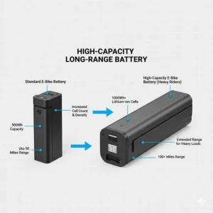Illustration comparing a standard ebike battery to a high-capacity, long-range battery, essential for electric bikes used by heavy riders.