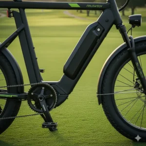 Detail view of the powerful lithium battery and electric motor providing long-range capability for a full 18-hole round on the electric golf bike.
