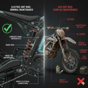 A graphic showing the minimal maintenance required for an electric dirt bike, such as checking tire pressure and lubricating the chain, contrasted with a gas-powered bike.