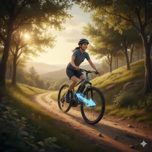 A rider effortlessly climbing a steep hill on a mid-drive electric bicycle, demonstrating the motor's efficiency and power transfer.