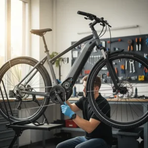 A mechanic performing maintenance on the drive system of a mid-drive electric bicycle, showing the accessible motor and chainring.