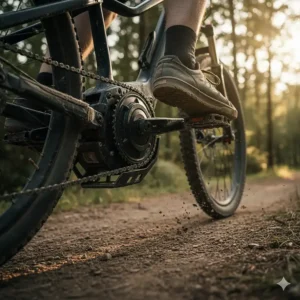A close-up shot of a rider's feet on the pedals of a mid-drive electric bicycle, highlighting the central motor unit integrated into the bike's frame.