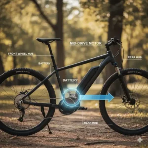 Diagram showing the location of a mid-drive motor mounted in the center of the bicycle frame, between the pedals.