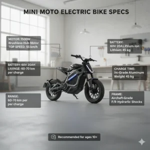 An infographic detailing the key specifications of a mini electric moto bike, including its top speed, battery range, and motor power.