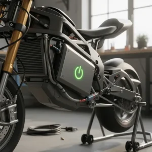 Close-up shot of the lithium-ion battery pack on an electric pocket bike, highlighting its power source.