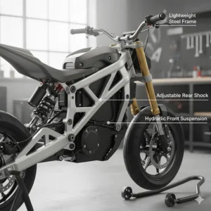 A detailed view of the durable steel frame and suspension system of a high-performance electric pocket bike.