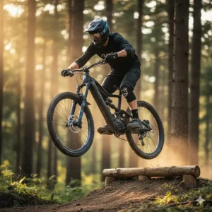 Dynamic shot of a rider testing the strong suspension of a mountain electric bike over a small jump.