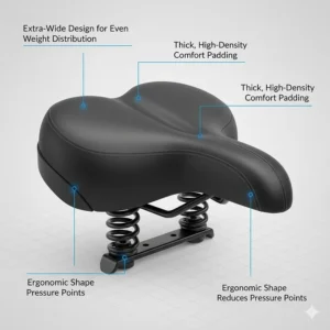 An image of an oversized, padded comfort saddle designed to distribute weight and provide maximum support.