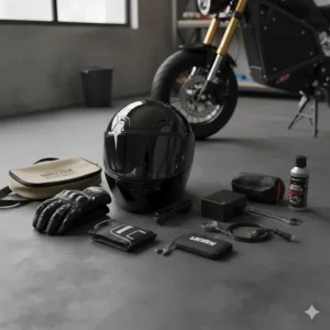 A collection of accessories for an electric pocket bike, including a helmet, gloves, and a spare charger.