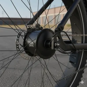 Detailed shot of the high-torque, powerful hub motor of the heavy duty electric bicycle.