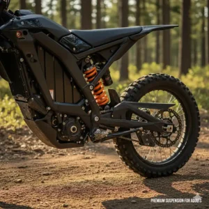 Heavy-duty, adjustable suspension system on a premium model of the best electric dirt bikes for adults.