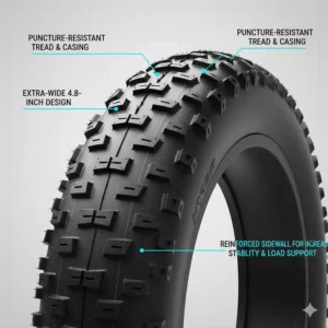 Close-up of extra-wide, puncture-resistant fat tires, which improve stability and support for heavier electric bike users.