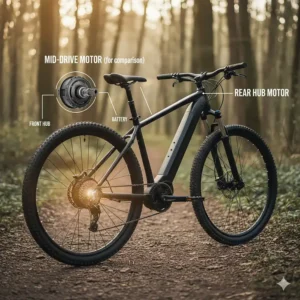 Image of a bicycle wheel with a rear hub motor, used to compare the difference in motor placement with a mid-drive electric bicycle.