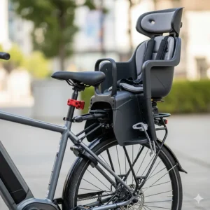 A close-up of a sturdy rear-mounted kid seat securely attached to an electric bicycle.