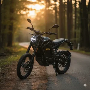 Sleek black RFN Ares Road Legal electric motorcycle, suitable for both street and trail adventures.