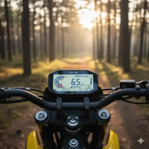 Close-up of the LCD multifunction display showing key performance stats of the RFN electric bike.