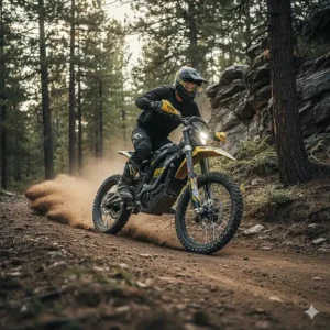 RFN electric dirt bike on a challenging off-road trail, showcasing its dual-sport capability and robust design.
