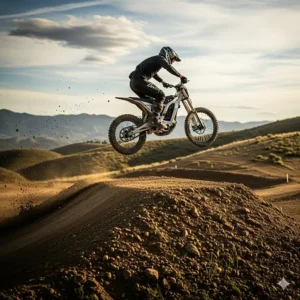 An adventurous rider launches a fast electric dirt bike into the air over a large jump, demonstrating the bike's lightweight frame and strong suspension.