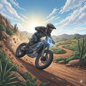 An illustration of a rider on an electric dirt bike navigating a winding dirt trail, demonstrating off-road use.
