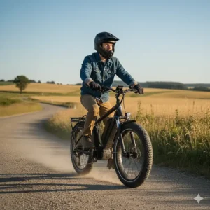 Rider wearing a helmet comfortably seated on a rugged, heavy duty electric bike on a country road.