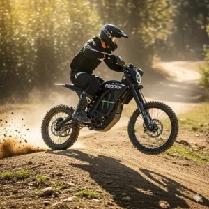 An action shot of a Rooder brand electric dirt bike tackling a light off-road trail, emphasizing its durability.