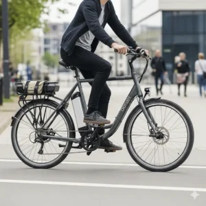 A person riding a step-through electric bike frame, emphasizing the low-slung design that makes it easy to mount and dismount, ideal for urban commuting.