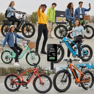A diverse range of stylish electric bikes in various colors and designs, appealing to the personal style and preference of modern teenagers.