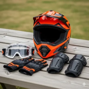 Essential safety equipment for riding a teen electric dirt bike, including a helmet, goggles, gloves, and pads, laid out for a new rider.