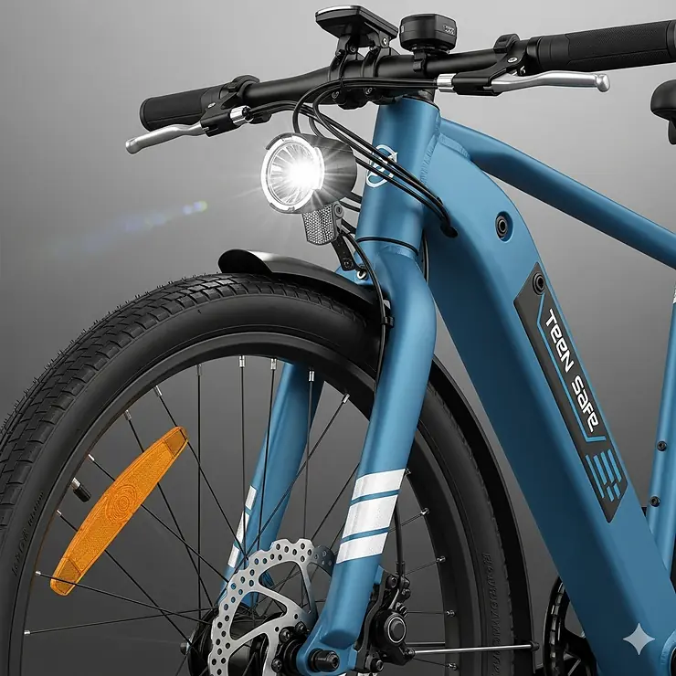 Close-up shot of an electric bike's safety features, including disc brakes and a bright LED headlight, highlighting why it's a safe choice for teenagers.