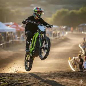 A skilled teenager on an electric dirt bike in mid-air, performing a small jump on a track, highlighting the bike's agility and power for adventurous riders.
