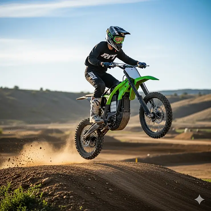 A teenager wearing a helmet and protective gear rides a modern electric dirt bike on a dirt trail, showcasing the thrill and accessibility of the sport.