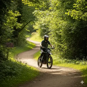 An environmentally friendly electric dirt bike being ridden by a teen on a designated trail in a local park, showing its quiet and emission-free operation.