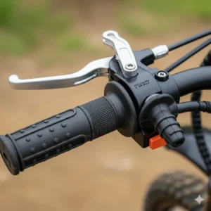 A detailed shot of the handlebar, showing the twist throttle and brake lever of a 24 volt electric dirt bike.