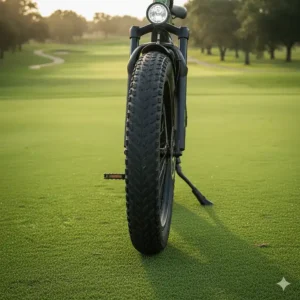 Shot of the wide, turf-safe tires on the electric golf bike, highlighting their low impact on the course grass and excellent traction.