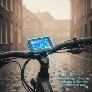Clear digital display and controller of the waterproof electric bike, designed for use in rainy conditions.