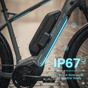 Diagram illustrating the IP67 waterproof rating of the electric bike for reliable all-weather cycling.